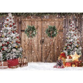 Felortte 12x8FT Polyester Fabric Winter Christmas Rustic Barn Wood Door Photography Backdrop Xmas Tree Snow Background Banner for Family Holiday Party Decoration Supplies Photo Studio Props Pictures