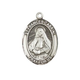 Mens Oval Pewter Saint Frances Cabrini Medal Pendant on 24" Rhodium Plated Heavy Curb Brass Chain with Lobster Claw clasp, Catholic Religious Necklace -Made in USA- Deluxe Velvet Gift Box