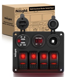 Nilight 4Gang Rocker Switch Panel with USB Charger Voltmeter and Cigar Lighter 12V 24V Toggle Switch ON Off Rocker Switch Red with Night Glow Stickers for Cars Rvs Trucks