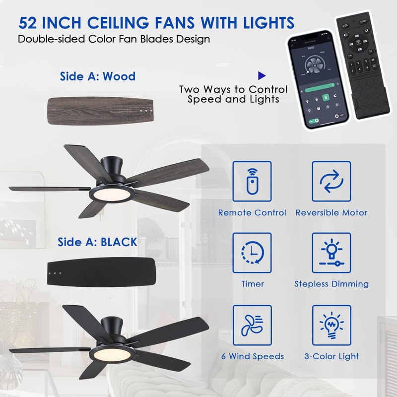 BYKISTOK 52" Flush Mount Ceiling Fan with Lights and Remote