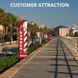 Barber Flag 15ft, Barber Flags for Outside, barbershop Pole Kit, Sign for Salon Business Advertising Outdoor, Eye Catching Open Feather Windless Banner, Complete Set