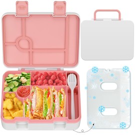 Kids Bento Lunch Box with Ice Pack, 5 Compartments Leak-Proof Bento Box with Utensils, 5.5-Cup Capacity for Adults & Ages 8+, BPA Free, Microwave & Dishwasher Safe, Pink