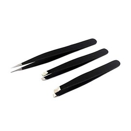AAProTools Eyebrow Tweezer Set,3 Pcs Premium Stainless Steel Eyebrow Tweezers with Pouch,Tweezers Set with Slant, Straight and Pointed Tips - Precision Calibrated - (Black Coated)