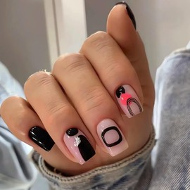 Graffiti Fun Press on Nails Medium Square Fake Nails Full Cover Glue on Nails Black Nude False Nails with Irregular Wavy Lines Design Short Acrylic Nails French Stick on Nails for Women Girls 24Pcs