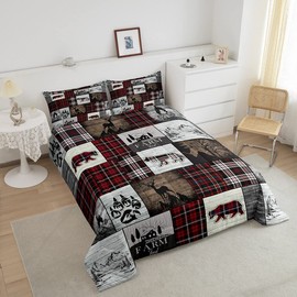 Bear Comforter for Teens Boys Girls Buffalo Plaid Check Bedding Sets for Cabin Camping Wild Farm Animal Elk Deer Duvet Insert Red Christmas Stripes Patchwork Quilt Hunting Theme Quilted Duvet,King