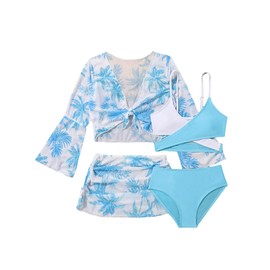 WDIRARA - Traje de baño de 4 piezas para niña con bloques de color y cobertura, traje de baño bohemio con estampado de árbol, Azul/claro, 9 Años