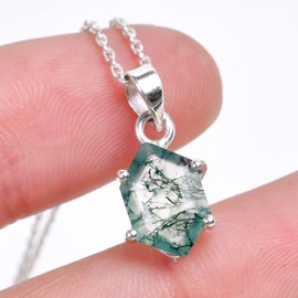 GEMKORA Real Moss Agate Hexagon Prong Gemstone Dainty Pendant Necklace, Healing Chakra Stone, Birthstone, Natural Crystal, Women Jewelry, Energy Stone, Gift Giving 925 Sterling Silver Chain 18 inch