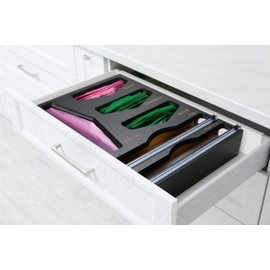 Cozee Bay Bamboo Food Bag Organizer with Foil and Plastic Wrap Organizer, Kitchen Drawer Organizer, Wrap Dispenser with Cutter, for Gallon, Quart, Sandwich, Snack Bags and 12" Roll (Black)