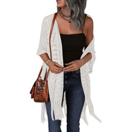 HOTOUCH Womens Knit Cardigan Open Front Outwear Hollow Out Crochet Tassel Lightweight Kimonos Sweater S-XXL White