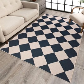 Aukib Checkered Area Rug 5x7 Black Washable Living Rugs Non-Slip Modern Ultra Soft Neutral Low Pile Diamond Carpet for Office Dining Room Playroom Kids Room