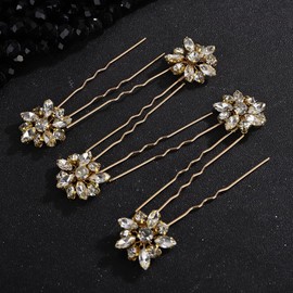 Teyglen 5pcs Gold Rhinestone Wedding Hair Pins Crystal Flower Bridal Hair Pins Clips for Bride Headpiece Wedding Hair Accessories for Women(Gold)