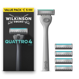 Wilkinson Sword Quattro, rasoio da uomo, formato convenienza, 4 lame rivestite in diamante, manico + 5 ricariche