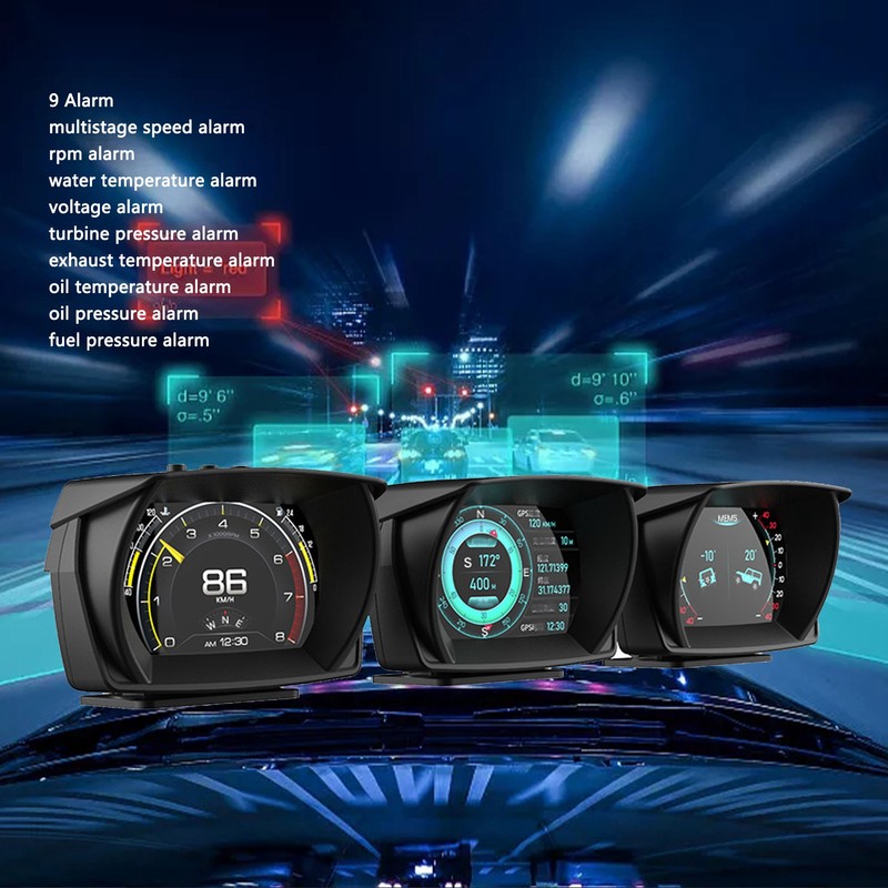 Black Vehicle HUD Display Multifunction OBD HUD Gauge 9 Alarm