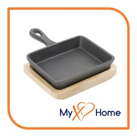 MyXOHome 5" x 4" Rectangular Cast Iron Frying Pan / Skillet with Wooden Base (1 Skillet)