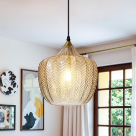 Vaziden Modern Gold Pendant Light, Amber Glass Kitchen Island Pendant Light Fixture Adjustable Vintage Hanging Ceiling Light for Dining Room Corridor Bedroom 9.45 inch, UL Certification