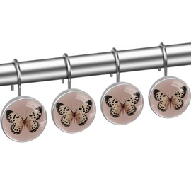 12 PCS Cute Pink and Butterfly Shower Curtain Hooks, Rustproof Crystal Glass Shower Curtain Rings Decorative Shower Hooks, Round Shower Rings Hangers, Home Bathroom Bedroom Decor
