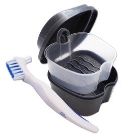 Dental Aesthetics Grey Denture Bath & Brush with Double Bristle Head ~ Storage Container for Soaking Dentures (White)