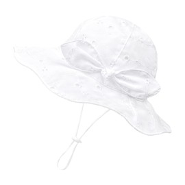 Baby Girl Sun Hat with Bow Lace Embroidery Kids Girls Floppy Breathable Summenr Hats Adjustable Chin Strap White