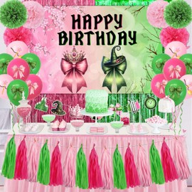 Witch Birthday Party Decorations Witch Bow Party Decorations Included Coquette Birthday Backdrop Tassel Curtain Paper Flowers and Balloons for Women Girl B-day Party Supplies