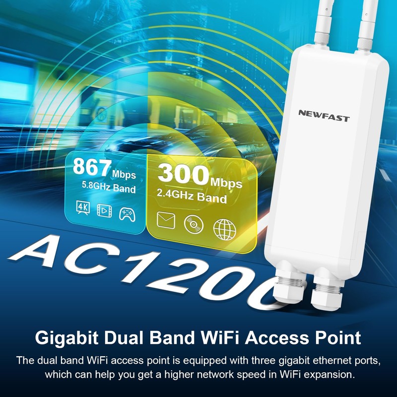 NEWFAST AC1200 Gigabit Outdoor WiFi Extender, Weatherproof Dual Band Outdoor