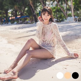 Women's Resort Floral Pattern Net Mesh Cover-up Cover-up White/FREE 2ea