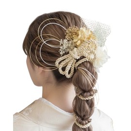 Lomeri Hair Ornament with Rope Arrangement and Dried Flowers, Available in 9 Colors, Suitable for Coming-of-Age Ceremony, Graduation, and Weddings (White Gold) K2