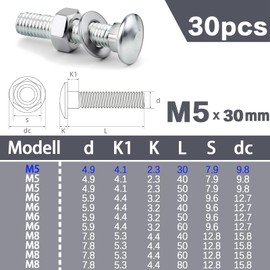 XRXYMQ Pack of 30 Carriage Bolts M5 x 30 mm Carriage Bolts Gate Hinge Screws M5 Flat Head Screws with Nuts DIN934 and Washers DIN125 for Furniture Decoration Construction Industry