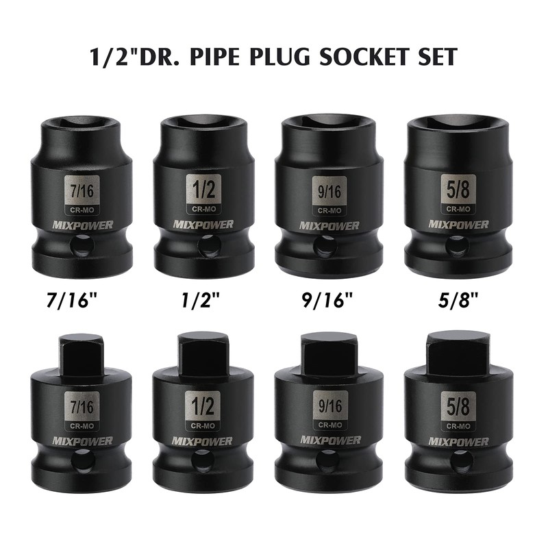 MIXPOWER 8 Pieces 1/2-inch Drive Pipe Plug Socket Set, SAE,