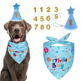 Yicostar Dog Birthday Party Supplies, Dog Birthday Bandana Set, Dog Boy Girl Birthday Party Hat with Numbers for Large Medium Small Dogs Pet (Blue)