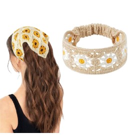 1 Pcs Daisy Crochet Headbands For Women Sunflower Hair Bandanas Knit Floral Hippie Head Wrap Boho Hair Accessories (Off white, One size)