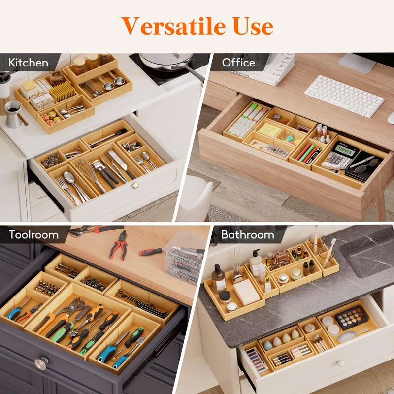 Lifewit Drawer Organizer 15 Pack(33 Grid) with 18 Inserts, Wooden