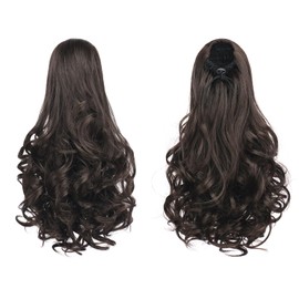 FESHFEN Ponytail Hair Extension with Drawstring, 38 cm Wavy Curly Synthetic Hair Extension Clip-In Hairpiece Ponytail Synthetic Hair Braid for Women, Dark Brown