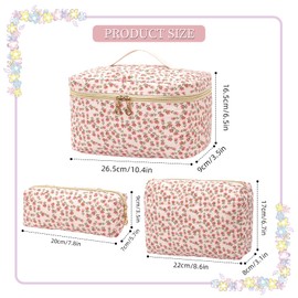 3 Pack Quilted Cotton Makeup Bag Puffy Cosmetic Pencil Pouch Large Capacity Flap Handheld Travel Cosmetic Bag Cute Coquette Floral Make Up Bag Organizer Aesthetic Toiletry Bag(3PCS-RED-Flowers)