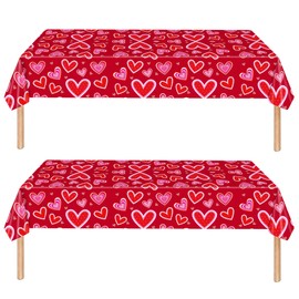 2Pack Valentine's Day Tablecloth Valentine's Day Red Love Heart Table Cover for Rectangle 54*108in Waterproof Plastic Table Cloth for Valentines Day Party Supplies, Wedding Anniversary Birthday