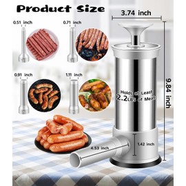 Manual Sausage Stuffer Machine with 4 Stuffing Tubes, 2.2 LBS Vertical Sausage Maker Kit, Food-Grade Stainless Steel Meat Stuffer for Homemade Sausages, Easy to Use, Kitchen Tool for Home Cooking