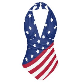 XXQGOMG - Traje de baño de una pieza para mujer, con control de barriga, cuello en V, espalda descubierta, traje de baño casual adelgazante, Bandera estadounidense, Large