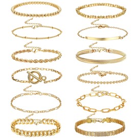CASSIECA 12Pcs Gold Chain Bracelets Set for Women 14K Gold Plated Link Chain Bracelets Boho Stackable Bracelets Paperclip Cuban Cuff Bangle Beaded Layered Link Chain Bracelets Set