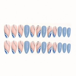 RikView Medium Press on Nails Almond Acrylic Nails French Tip Nails Blue Nails Glossy Stick on Nails for Women 24 PCS