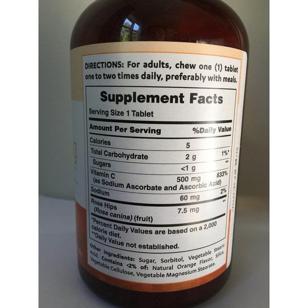Vitamin World Vitamin C 500 mg with Rose Hips Natural Orange Flavor, 250 Tablets