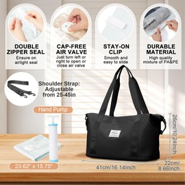 Foldie Large Travel Tote Bag Vacuum Seal Bags for Clothing with Hand Pump Waterproof Expandable Personal Item Duffel Gym Bag Weekender Carry On luggage Bags Airlines Travel Essentials for Women Black