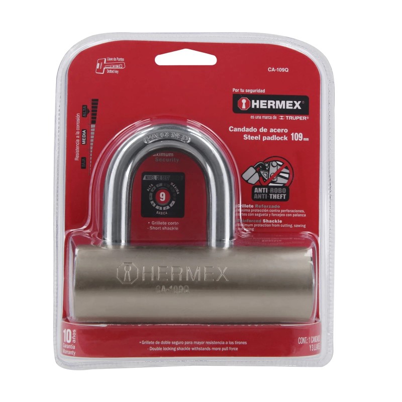 Hermex CA-109Q Steel padlock, 109mm, short hook, dotted key