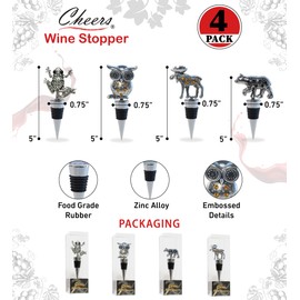 Cheers Black Bear, Moose, Owl, Frog Metal Wine Stopper Set of 4 – Elegant Vacuum Seal Reusable Animal Wine Bottle Stoppers, Airtight Leak Proof Bottle Topper Cork Plug, Home Decor Bar Tool Accessory