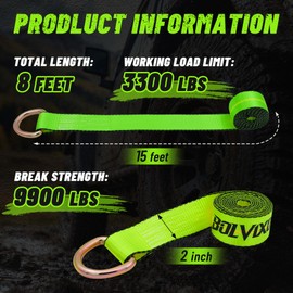 Bolvixor 8 Pack 2" x 96" Lasso Strap - 9900LBS Break Strength - D Ring Auto Tie Down for Wheel Lift, Trailer, Tow Truck (Green)