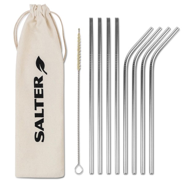 Salter 302 SSXR Eco Reusable Metal Drinking Straws, Curved and Straight Design, Set of 8, Includes a Sisal Fibre Cleaning Brush and Drawstring Bag, Perfect for a Night Out or Picnic, Stainless Steel