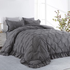 HOMBYS Oversized King Comforter Set, Ultra Soft Pinch Pleat Bedding Sets for King Bed, Pintuck Down Alternative Comforter with Ruffles for All Season (Dark Grey, Oversized King Plus-128"x120")