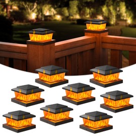 VOLISUN Solar Fence Post Cap Lights 8pack, Black Solar Deck Cap Flame Light Outdoor Waterproof, High Brightness Flickering Flame SMD LED Lighting, for 4x4 Wooden/4x4 5x5 Vinyl Post