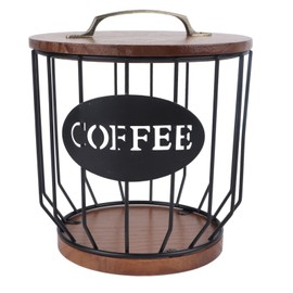 Coffee Filter Holder 5.1 x 6.9 x 6.4in Iron Rusti Coffee Filter Storage Container with Pine Wood Lid and Base, Coffee Filter Dispenser Basket for Coffee Bar (With Coffee Pattern)