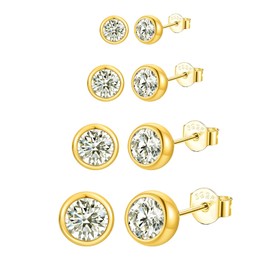 Epoch World 4 Pairs 925 Sterling Silver Stud Earrings for Women Girls Hypoallergenic Tiny Round Cubic Zirconia 925 Silver Earrings Gold Studs Set Sleeper Cartilage Gold Studs