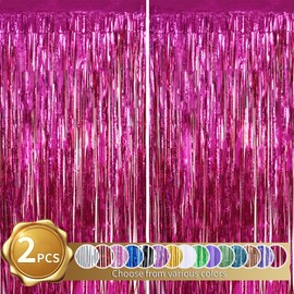 BEISHIDA 2 Pcs Hot Pink Backdrop Pink Door Streamers Tinsel Curtains Streamers Party Decoration Foil Fringe Backdrop Wall Background Photo Booth for Girls Birthday Bachelorette Party Decorations