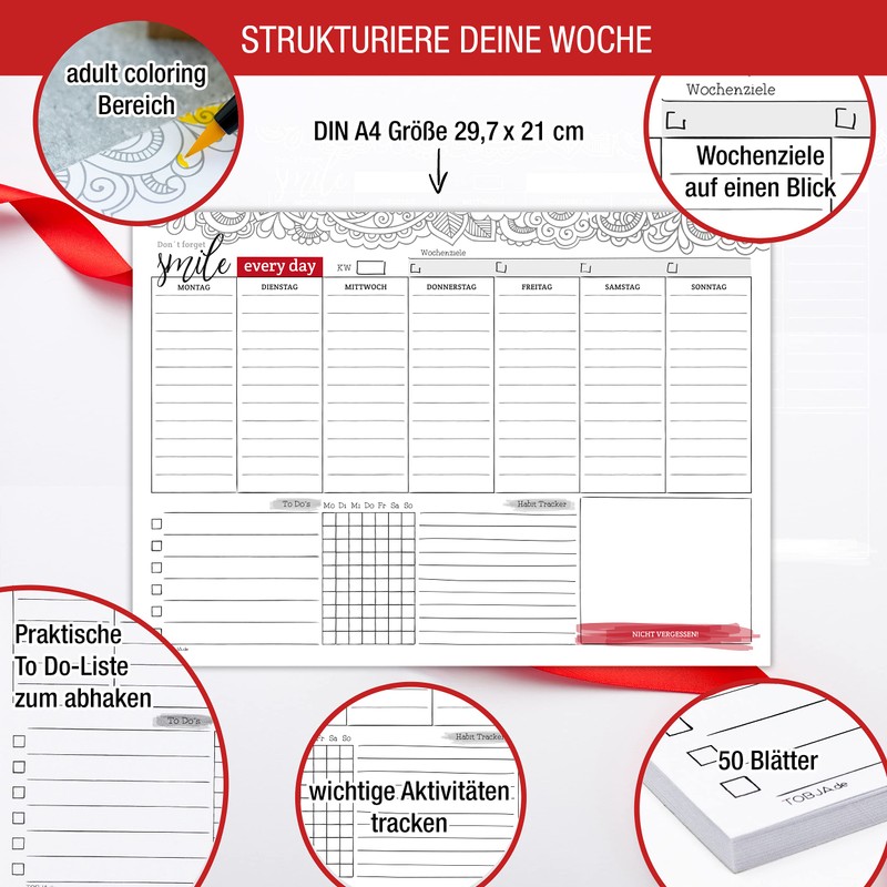Weekly Planner Pad Including Habit Tracker, 50-Sheet Organiser without Date,